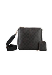 Borsa a tracolla checkered marrone scuro in materiale sintetico testurizzato con tracolla nera staccabile e una piccola borsetta abbinata. Dettagli in metallo color oro.