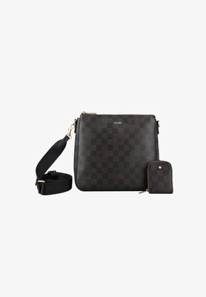 Borsa a tracolla checkered marrone scuro in materiale sintetico testurizzato con tracolla nera staccabile e una piccola borsetta abbinata. Dettagli in metallo color oro.