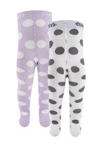 Two pairs of children's tights: one in lilac with large white polka dots, the other in white with grey polka dots; soft, stretchy material.