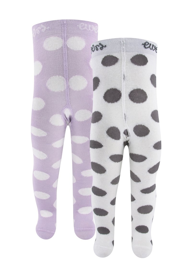 Two pairs of children's tights: one in lilac with large white polka dots, the other in white with grey polka dots; soft, stretchy material.