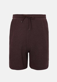 Shorts en maille texturée marron foncé avec taille élastique et cordon devant, longueur genou, conçus pour un port décontracté.