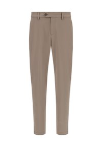 Pantalones beige de corte recto, con cierre frontal de botón, trabillas para cinturón y textura de tela suave. Sin patrones ni bolsillos visibles.