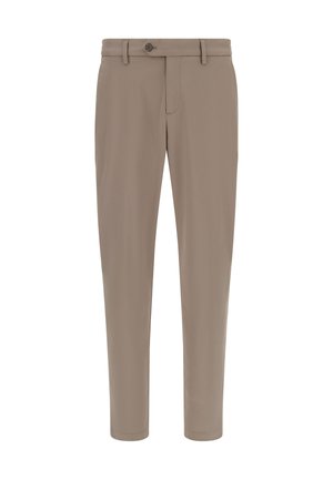 Pantalones beige de corte recto, con cierre frontal de botón, trabillas para cinturón y textura de tela suave. Sin patrones ni bolsillos visibles.
