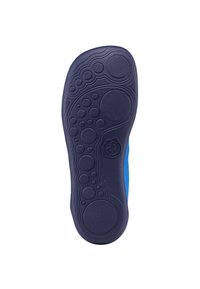 Navy rubber shoe sole with textured patterns, circular and oval indentations, and a blue fabric side panel. Smooth and durable finish.