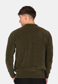 Maglione verde scuro lavorato a maglia con scollo rotondo e polsini a coste. Presenta un tessuto strutturato e una vestibilità comoda, mostrato di spalle.