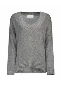 Maglione grigio a scollo a V con maniche lunghe. Realizzato in materiale a maglia testurizzato con orlo a coste. Un sottile luccichio nel tessuto aggiunge interesse visivo.