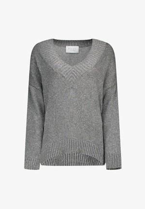 Maglione grigio a scollo a V con maniche lunghe. Realizzato in materiale a maglia testurizzato con orlo a coste. Un sottile luccichio nel tessuto aggiunge interesse visivo.