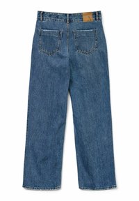 Sinine denimpüksid sirge lõikega, millel on kaks tagakotti, nahast pits seljaosa ja räbal lõpp.