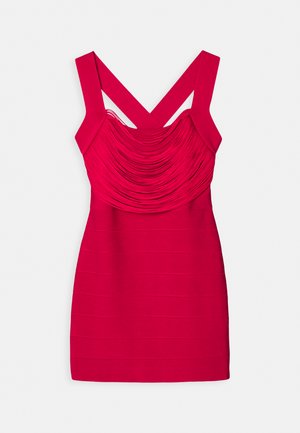 Red bodycon dress with pleated bodice, wide crisscross straps, and ribbed texture. Smooth fabric with a fitted silhouette.