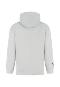 Jasnoszara bluza z kapturem na sznurki, długimi rękawami, żebrowanymi mankietami i dolnym brzegiem. Na lewym rękawie znajduje się akcent w postaci czerwonego logo.