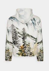 Hooded sweatshirt with detailed forest and mountain landscape print in muted greens, yellows, blacks, and blues on a white background.