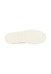 Semelle de chaussure en caoutchouc blanc avec des motifs texturés, présentant une section centrale lisse et des bords nervurés pour plus d'adhérence. Forme plate et arrondie.