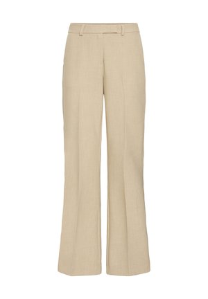 Pantaloni beige a gamba larga con passanti per cintura, piega frontale e chiusura nascosta, mostrati su sfondo bianco.