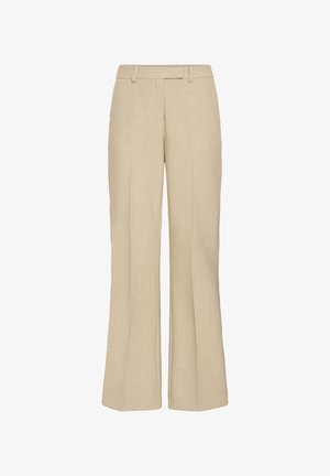 Pantaloni beige a gamba larga con passanti per cintura, piega frontale e chiusura nascosta, mostrati su sfondo bianco.