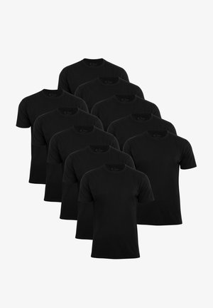 Schwarze Baumwoll-T-Shirts, kurze Ärmel, klassisches Rundhalsdesign. Mehrere Shirts in einer Reihe gestapelt, mit glatter Textur und ohne Muster.