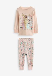 Pink long-sleeve pajama set featuring a graphic of Disney princesses on the top. Bottoms have a floral pattern with assorted colors.