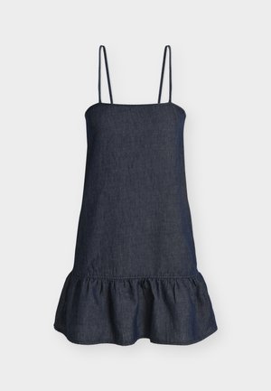 Σκούρο μπλε φόρεμα χωρίς μανίκια με λεπτές τιράντες και βολάν στο τελείωμα, κατασκευασμένο από ύφασμα που μοιάζει με τζιν.