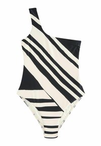 Juodos ir baltos horizontalių bei diagonalinių ryškių linijų maudymosi kostiumėlis su vienu petimi.