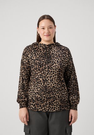 Leopard print hoodie featuring long sleeves, a drawstring hood, and a relaxed fit. Soft fabric with black and brown patterns on a beige background.