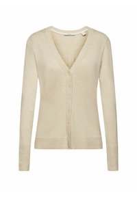 Beżowy kardigan z dekoltem w serek, długimi rękawami, teksturowanym splotem i zapięciem na guziki z przodu. Akcenty obejmują prążkowane mankiety i dół.