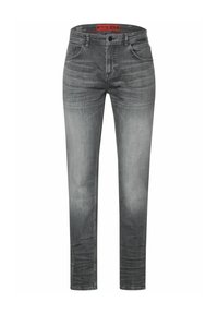 Grå denimjeans med slim fit, som har fem fickor, en klassisk midja och en urtvättad textur över tyget.