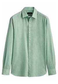 Jasnozielona koszula zapinana na guziki, wykonana z miękkiego materiału, z klasycznym kołnierzykiem, długimi rękawami i zaokrąglonym dołem o delikatnej fakturze.