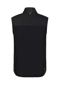 Svart ärmlös väst med hög krage, tillverkad av mesh-material. Har en solid övre panel och en strukturerad nedre del för andningsförmåga.