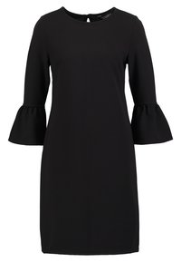 Musta mekko, jossa on kolmanneksen pituiset kellohihat, pyöreä pääntie ja avaus takana. Valmistettu teksturoidusta kankaasta.