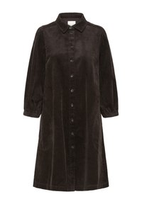 Brown corduroy dress with a collar, button front, and long puffed sleeves. Features vertical stripes and a relaxed fit.