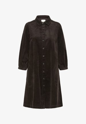 Smeđi kordura haljina s ovratnikom, prednjim gumbima i dugim napuhanim rukavima. Sadrži vertikalne pruge i opušteni kroj.