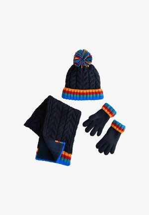 Set di cappello, sciarpa e guanti lavorati a maglia in blu navy, con accenti a strisce multicolori. Cappello con pompon, sciarpa con un rivestimento morbido.