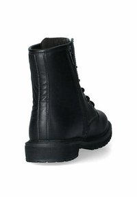 Stivali alla caviglia in pelle nera con lacci davanti, cerniera laterale, suola testurizzata e finitura liscia. Il design include una punta rotonda.