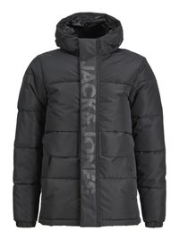 Black puffer jacket with a hood and elastic cuffs. Features a vertical logo print down the front and two front pockets.