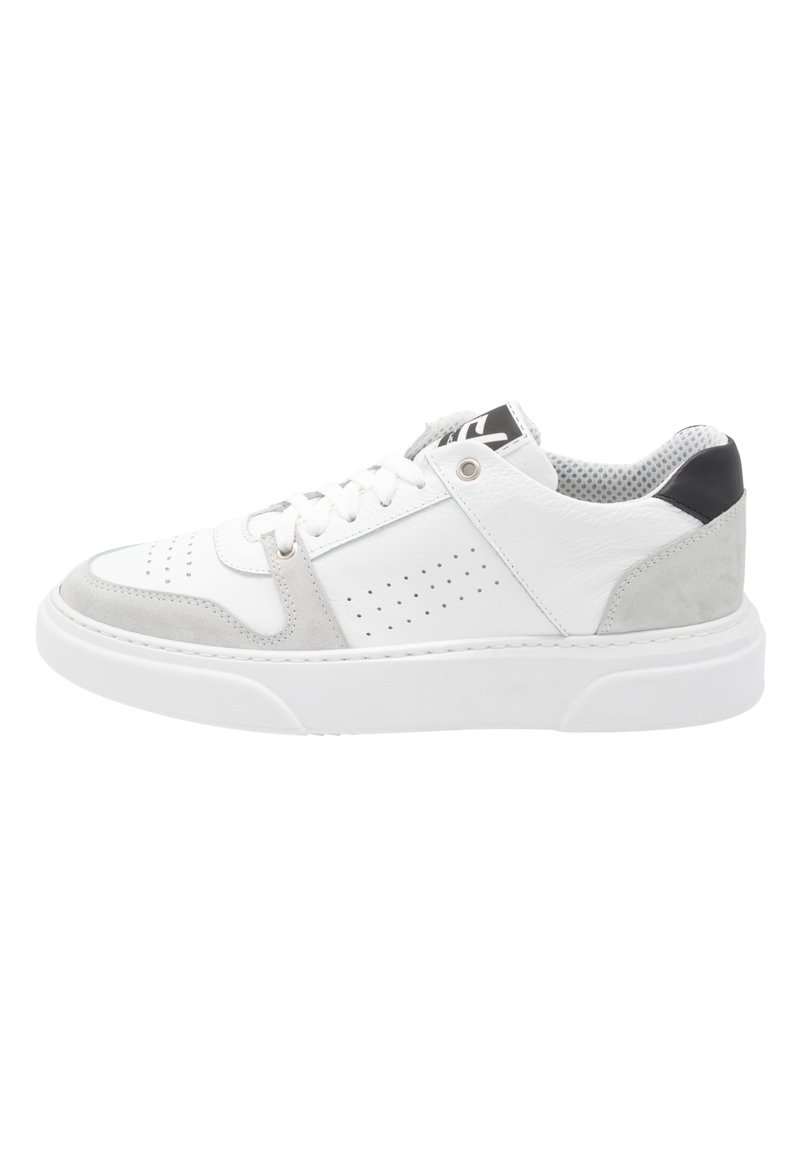 White leather sneakers with gray suede accents, perforated detailing, and a thick white sole; black heel tab and mesh inner lining.