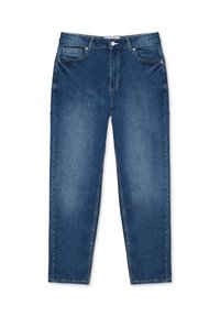 Jeans de mezclilla azul oscuro, diseño de pierna recta, con un bolsillo frontal, lazos para cinturón y cierre de botón. Textura suave con mínimas decoloraciones.