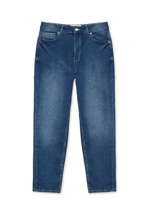 Jeans de mezclilla azul oscuro, diseño de pierna recta, con un bolsillo frontal, lazos para cinturón y cierre de botón. Textura suave con mínimas decoloraciones.