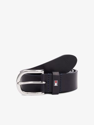 Navy leather belt with a silver metal buckle, features stitching accents and a small logo tag near the buckle. Smooth texture and classic design.