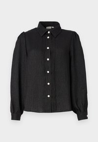 Black collared button-up shirt with textured fabric, featuring vertical pleats and pearl-like buttons along the front and cuff accents.
