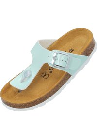 Ljusblå tanga sandalett med spänne, korkfotbädd och vit gummisula. Har en slät, glansig ovandel och en texturerad mockainsida.