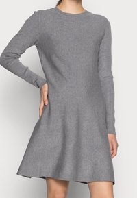 Robe en tricot gris avec manches longues, décolleté rond, jupe évasée et poches latérales. Le tissu a une finition douce et texturée.