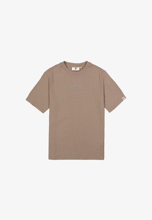 Camiseta de algodón marrón con mangas cortas, cuello redondo y texto "FUTURE PERSPECTIVE" en un tono ligeramente más claro en el frente.