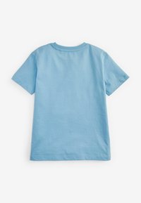T-shirt azzurro chiaro a maniche corte realizzato in morbido cotone, con scollo rotondo e schiena liscia senza motivi o decorazioni.