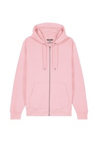 Felpa con zip di colore rosa, realizzata in tessuto morbido, caratterizzata da un ampio cappuccio, tasche frontali e cerniere in metallo. Finitura testurizzata con polsini a coste.