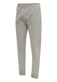 Graue Baumwoll-Sweatpants mit schmal zulaufendem Bein, elastischem Bund und Seitentaschen. Verfügt über eine schlichte Textur und umsäumte Bündchen.