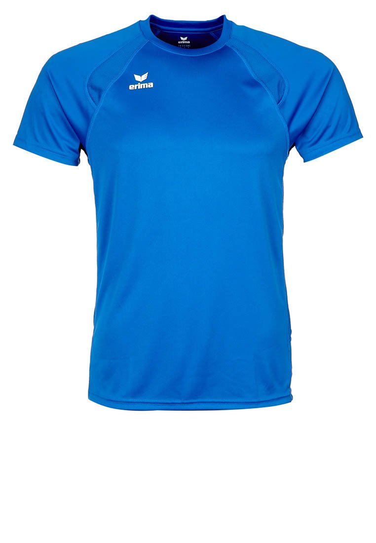 Maglietta atletica blu realizzata in tessuto traspirante. Presenta un collo rotondo, maniche corte e un logo sul lato sinistro del petto. Texture liscia.