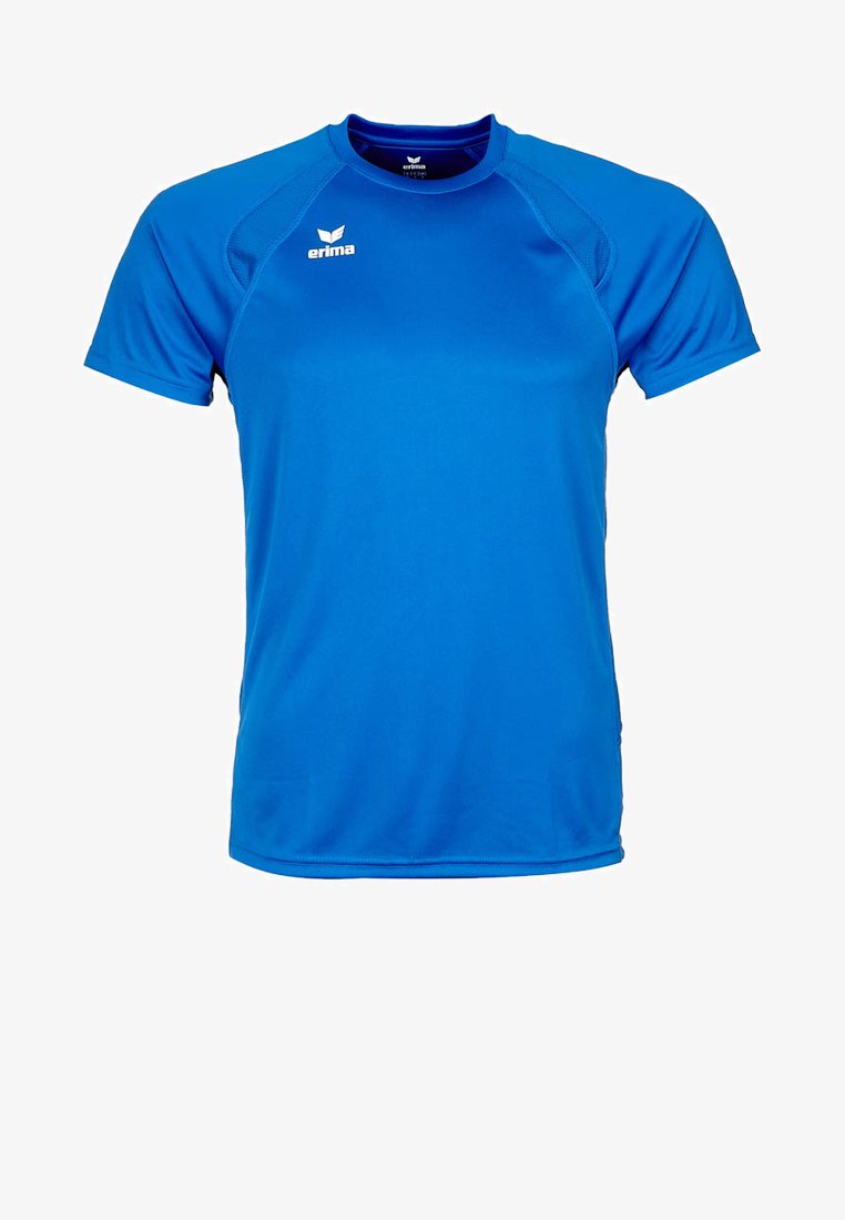 Maglietta atletica blu realizzata in tessuto traspirante. Presenta un collo rotondo, maniche corte e un logo sul lato sinistro del petto. Texture liscia.