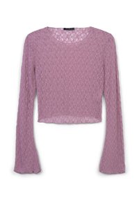 Top in pizzo a maniche lunghe di un morbido rosa, con scollatura rotonda e orlo ondulato, caratterizzato da un delicato motivo floreale e una texture trasparente.