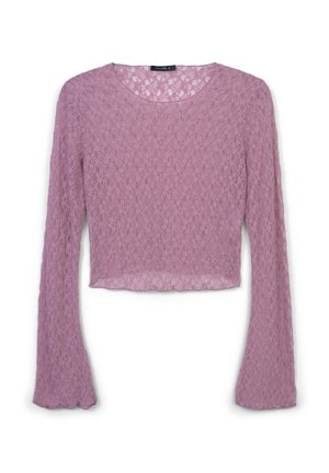 Top in pizzo a maniche lunghe di un morbido rosa, con scollatura rotonda e orlo ondulato, caratterizzato da un delicato motivo floreale e una texture trasparente.