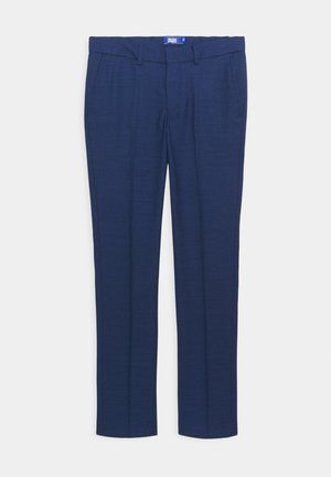 Calças de fato azul-marinho feitas de tecido texturizado, apresentando um corte reto, dois bolsos frontais e um design de cintura clássico.