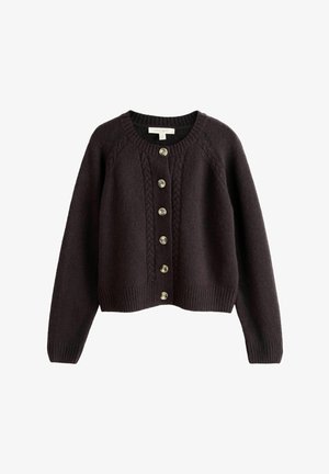 Dunkelbraune gestrickte Strickjacke mit langen Ärmeln, rundem Ausschnitt und sechs hellen Knöpfen vorne mit Zopfmuster-Details.